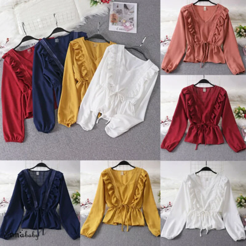 

2019 Brand New Style Women V Neck Ladies Ruffle Tie Chiffon Long Sleeve Summer Casual Loose Shirt Tops Blouse