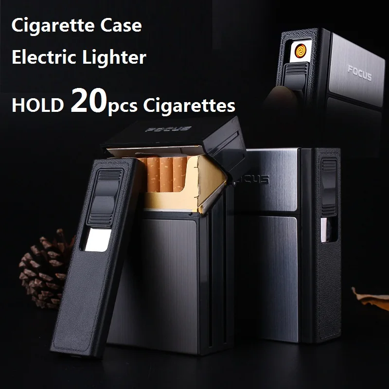 

FOCUS Cigarette Case Box Lighter with Flameless Removable Electronic Lighter Windproof Torch Lighter 20pcs Cigarette Holder Case