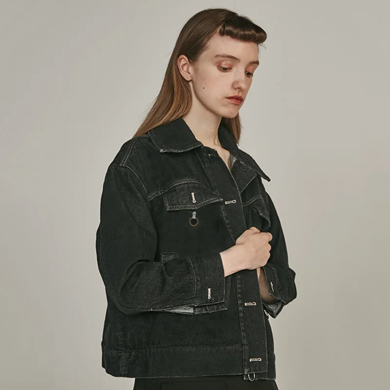 Grande Poche Manteau Nouveau Printemps Veste Black Manches D'été Longues Fendue E652 Revers À Noir 2019 Commune Taille Mode Denim De Lâche Femmes Marée edBxCo