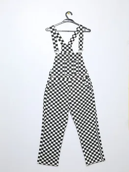 

Black White Plaid Mosaic Checkerboard Lattice Overalls Women Men Harajuku Loose Bib Pants New Retro Old School Hip hop Style