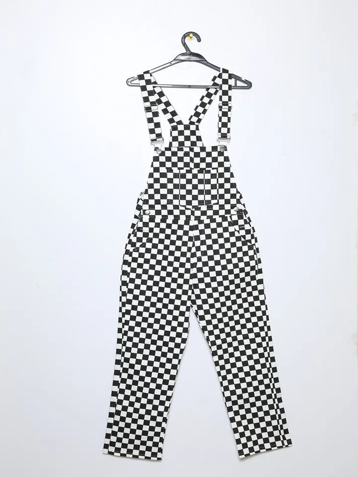 black and white checkered overall dress