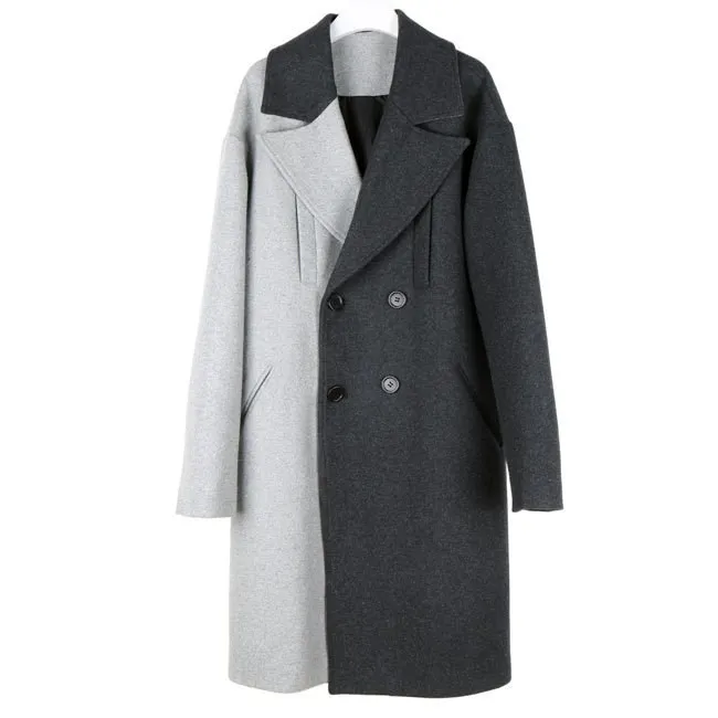 

Personality Woolen Black Gray Hit Color Coat Patchwork Women Contrast Color Parkas Winter Work Ladies Long Coat B9183