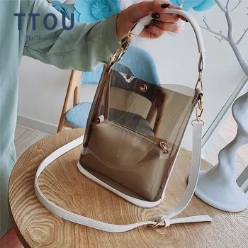 

TTOU Fashion Women Handbags Panelled PU Leather Totes Bag Transparent Crossbody Shoulder Bag Casual Composite Bag bolsa feminina