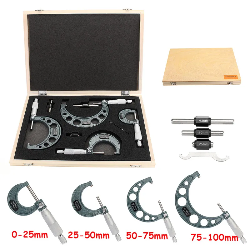 

4pcs Outside Micrometer Tool Set Machinist Tool 0-4" 0-100mm 4 Precision 0.01mm Accuracy Carbide Micrometer Set