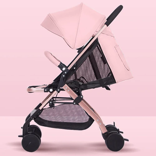 

YO-J Aluminum Alloy One-Hand Folding Baby Stroller Can Sit Or Lie Four Wheels Newborn Stroller Pink Suitable 4 Seasons