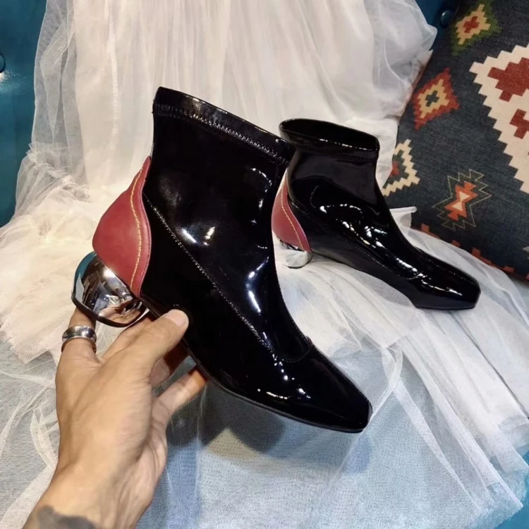 

2018 Shoes Woman Med Strange Style Heels Square Toes Boots Woman Mixed Color Ankle Boots Woman zapatos de mujer