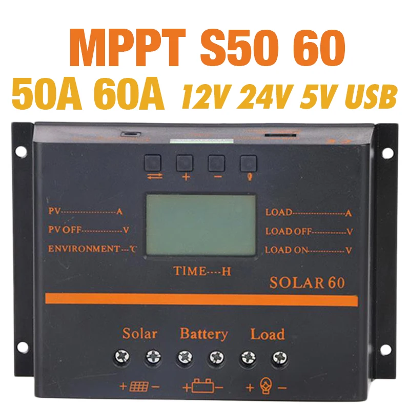

50A 60A Solar Controller LCD PV panel Battery Charge Controller 12V 24V Solar system Home indoor use 5V usb solar charge