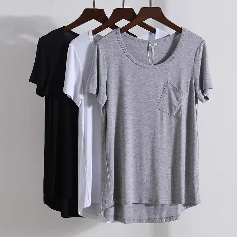

Modal Short Sleeveso Neck Loose T Shirts Summer New Arrivals Bottoming Pocket Casual European Style Fashion Women Quality Tops
