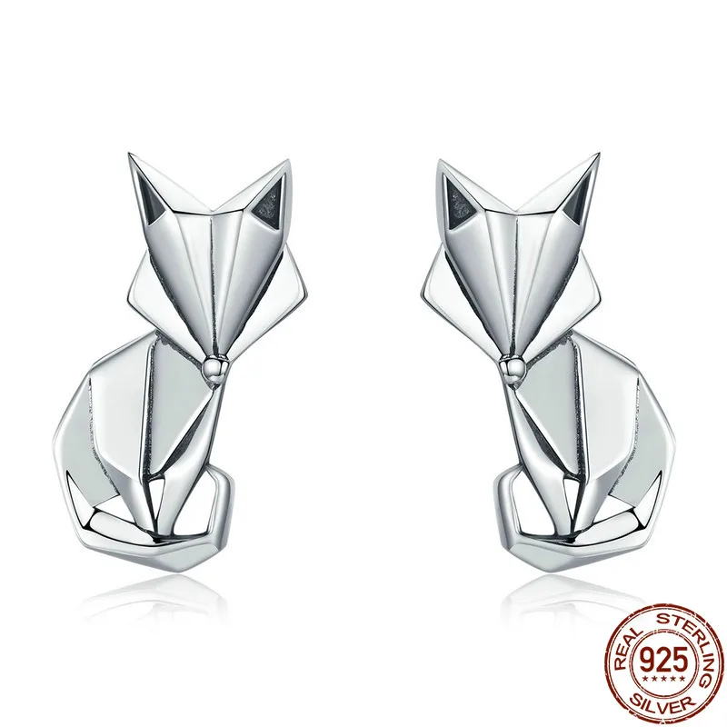 

Folding Fox Earrings Genuine 925 Sterling Silver Fashion Animal Stud Earrings for Women Jewelry