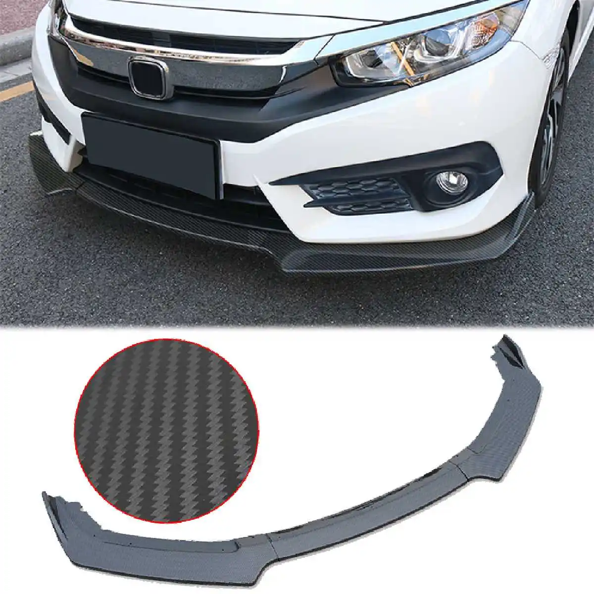 

3PCS PP Carbon Fiber Style Front Bumper Cover Lip Protection Air Vent Trim For Honda For Civic Sedan 4 Door 2016-2019