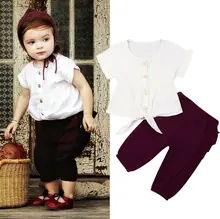 Verão Retro Pastoral Da Criança Crianças Bebê Roupas de Menina Definir Manga Curta Botão Sólidos Tops T-shirt Ruffle Pants 2 Pcs Outfits conjunto