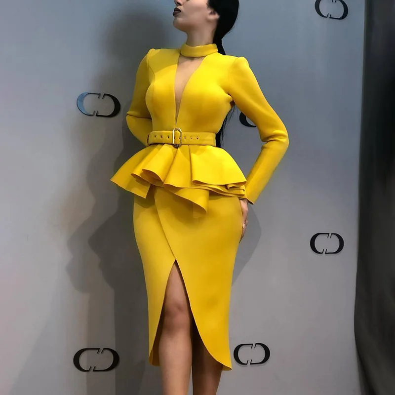 

Women Sexy V-Neck Long Sleeve High Split Falbala Midi Cocktail Formal OL Dress