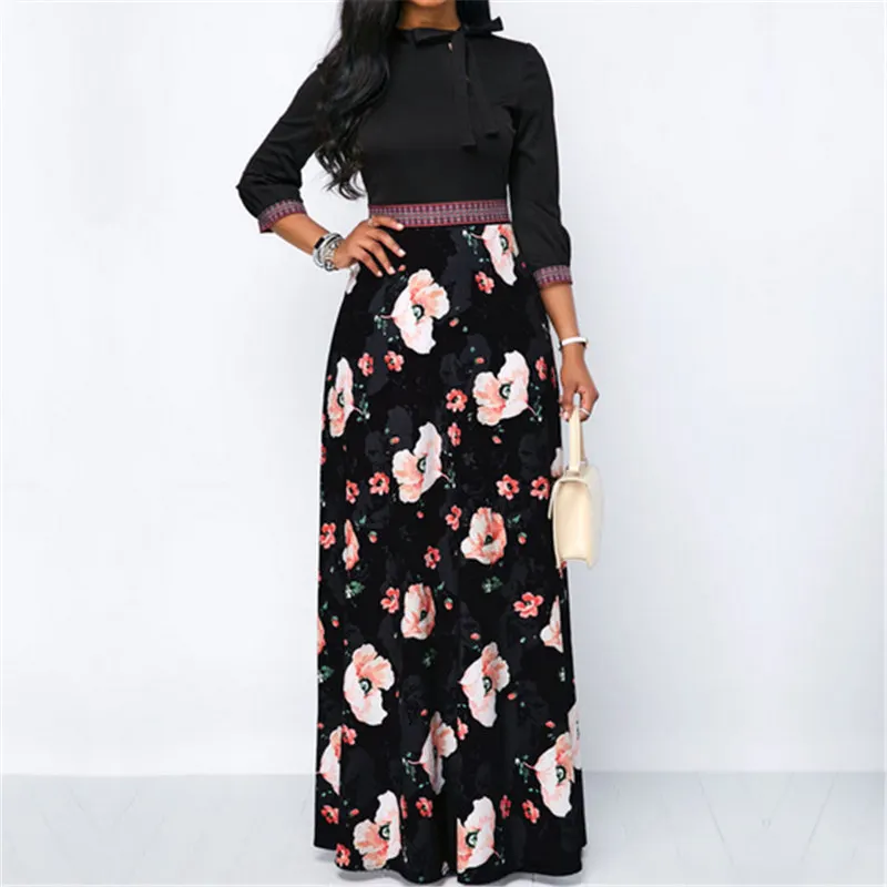 

Women Long Maxi Dresses Bohemia Hollow neck Three Quarter Sleeve Floral Print Ethnic Summer Female Casual Loose OL Office Dress