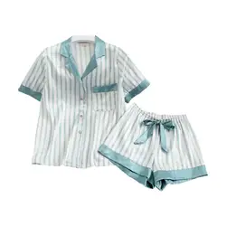 Зеленый белый полосатый Женский пижамный комплект летние шорты рукава Карманы Свободные Костюмы