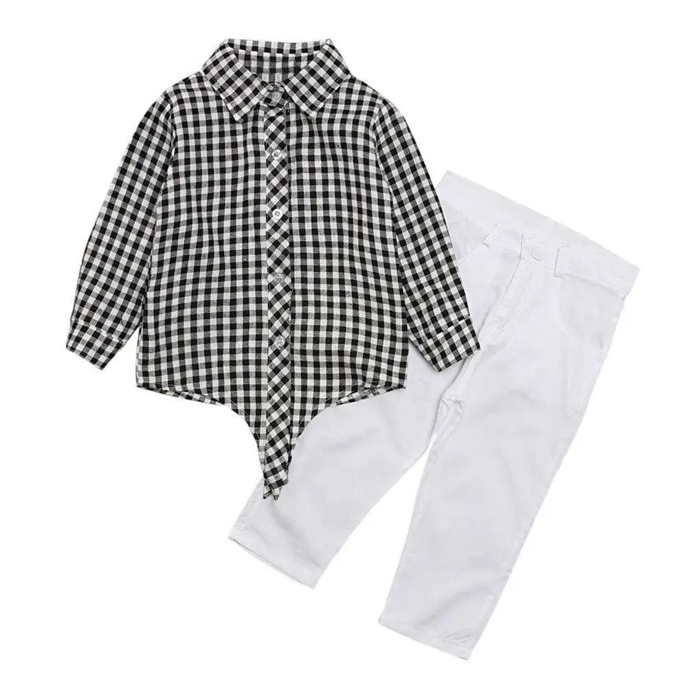 Toddler Kids Baby Girls Plaid T Shirt Formal Tops + Long White Pants 2PCS Outfits Clothes Set | Детская одежда и обувь