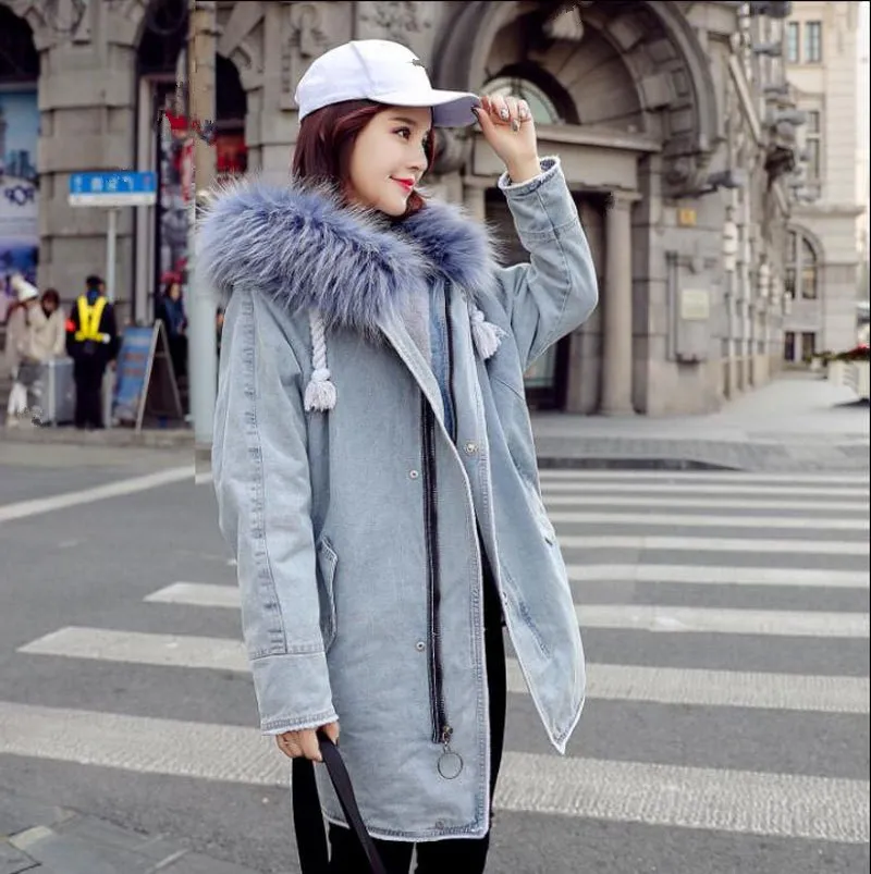 Col D'hiver Femmes Capuche Femelle 2018 Manteau Fourrure Grand Casual Parkas Bleu rose Lâche De À Denim Outwear Coton Veste Épaississement t5qn57pdxw