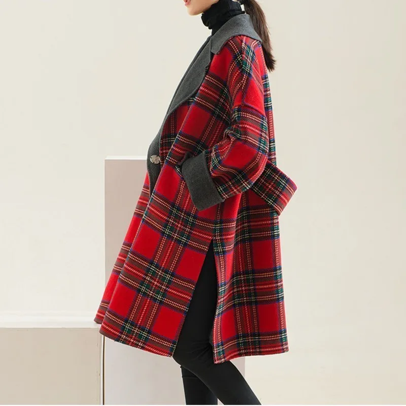 [EAM] 2019 New Autumn Winter Lapel Long Sleeve Red Plaid Stitching Thicken Large Size Woolen Coat Women Parkas Fashion LD0180