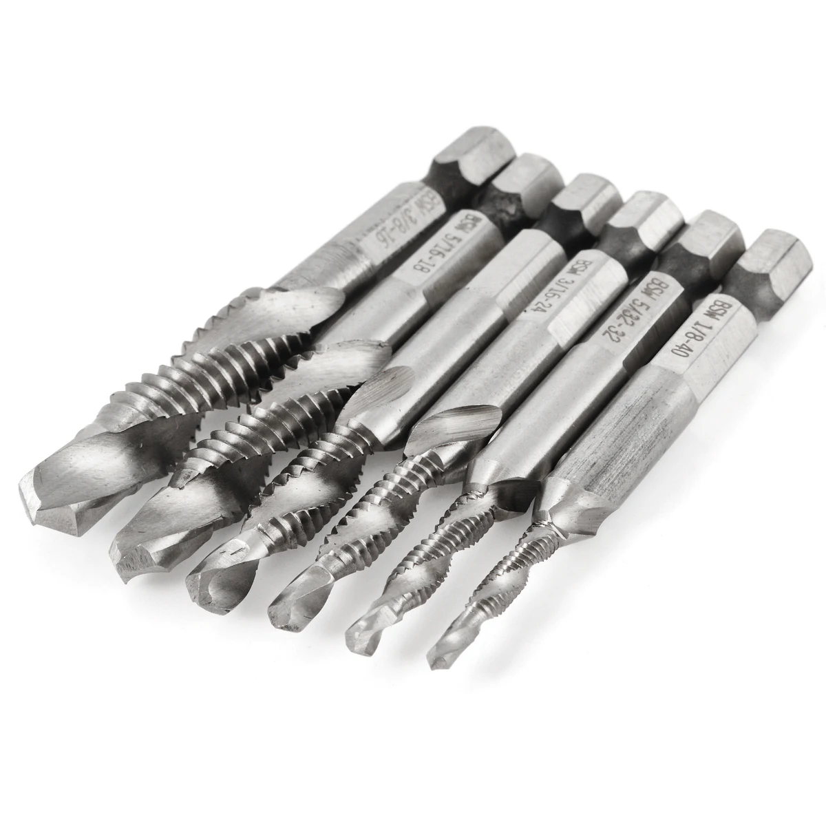 

6 Pieces High Strength Drill Tap Bits HSS 1/4" Hex Shank Combination SAE Drill Tap Bit Deburr Countersink Set