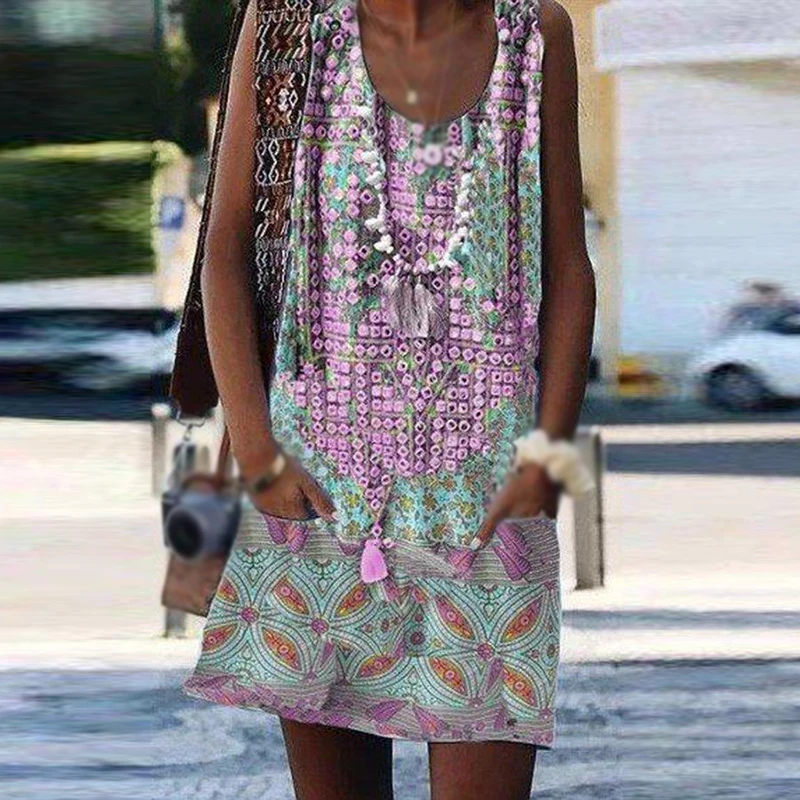 

Plus Size Womens Sleeveless Dress Casual Party Summer Printed Boho Tassel Mini