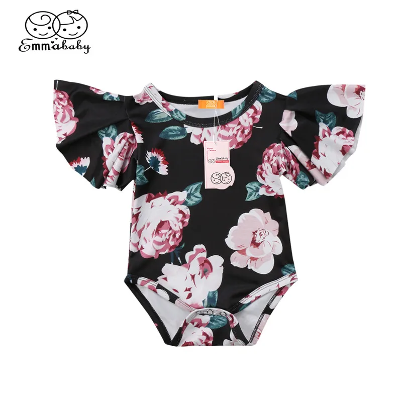

2019 Summer New Baby Bodysuit Ruffle Sleeves Cotton Swimming Pajamas Flower Printed Newborn Baby Girls Clothes Infant Sunsuit