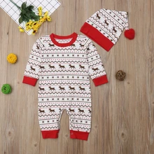 Комплект рождественской одежды для малышей из 2 предметов+ шапка, Детский комбинезон с длинными рукавами для маленьких мальчиков и девочек, комбинезон, Одежда для новорожденных 0-18 месяцев