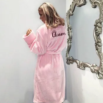 

Christmas Queen Letter Flannel Winter Warm Sleep Robes Fluffy Pajama Sets Women's Long Bath Robe Bathrobe Dressing Gown Robes