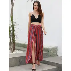 Новые Boho Широкие брюки женские летние модные красные с принтом милые Сплит Сексуальные на шнуровке пляжный с завышенной талией праздник