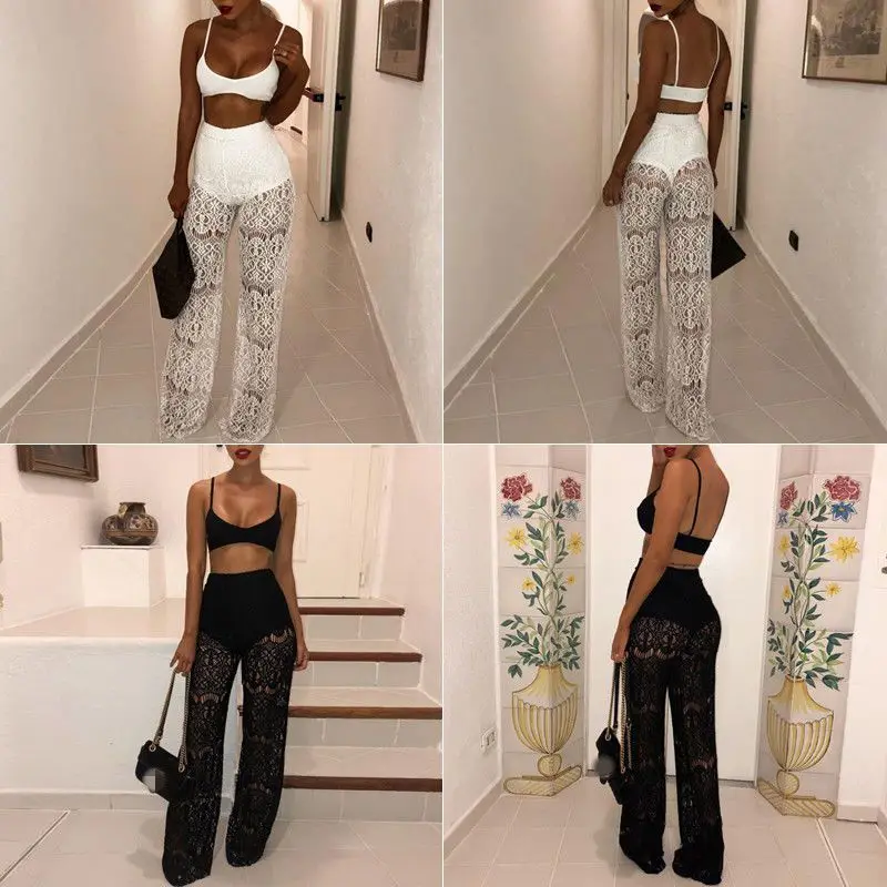 Women Wide Leg Lace High Waist Sheer Pants Summer See Through Patchwork Long Trousers Women Wide Leg Lace High Waist Sheer Pants Summer See Through Patchwork Long Trousers