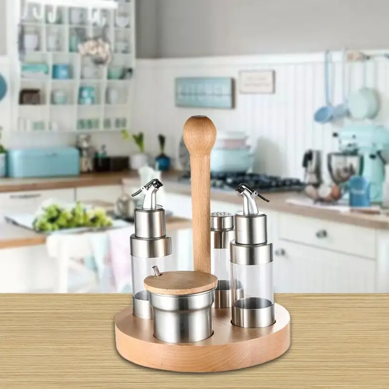 

Stainless Steel Frosted Salt Pepper Vinegar Oil Cruet Stand Set with Round Wooden Handle