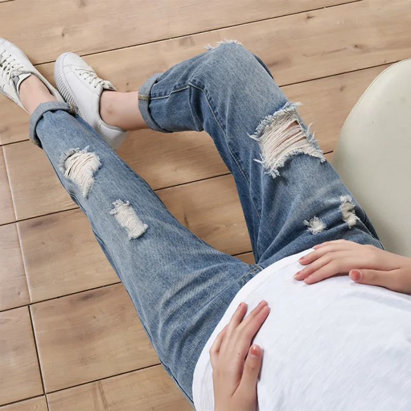 Джинсы для беременных женская одежда 2018 осенние потертые джинсовые штаны Брюки с