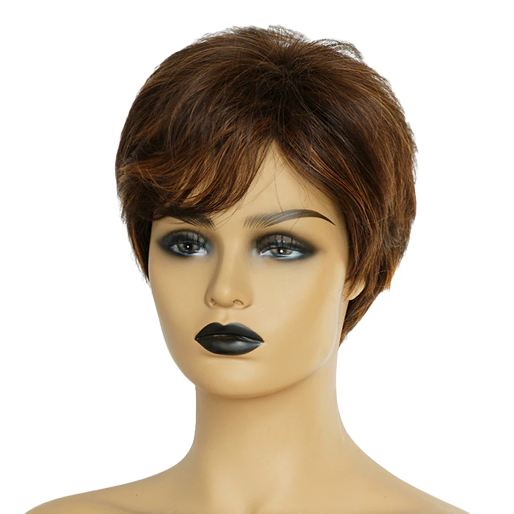 

8'' Natural Short Straight Wigs Human Hair Pixie Cut Wig for Women Cosplay Wigs w/ Side Bangs Mixed Brown