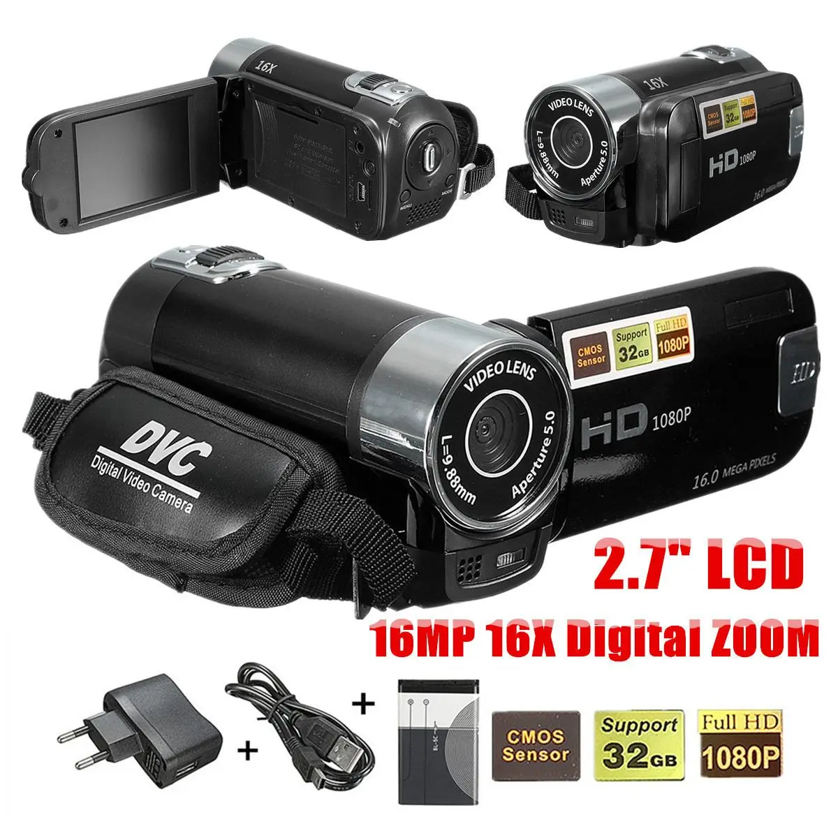 

HD Digitale Video Camcorder Camera 16MP 2.7 inch LCD Toccare Schermo 16X Zoom Black Red Multiple-language 11.7x4.8x5.3cm
