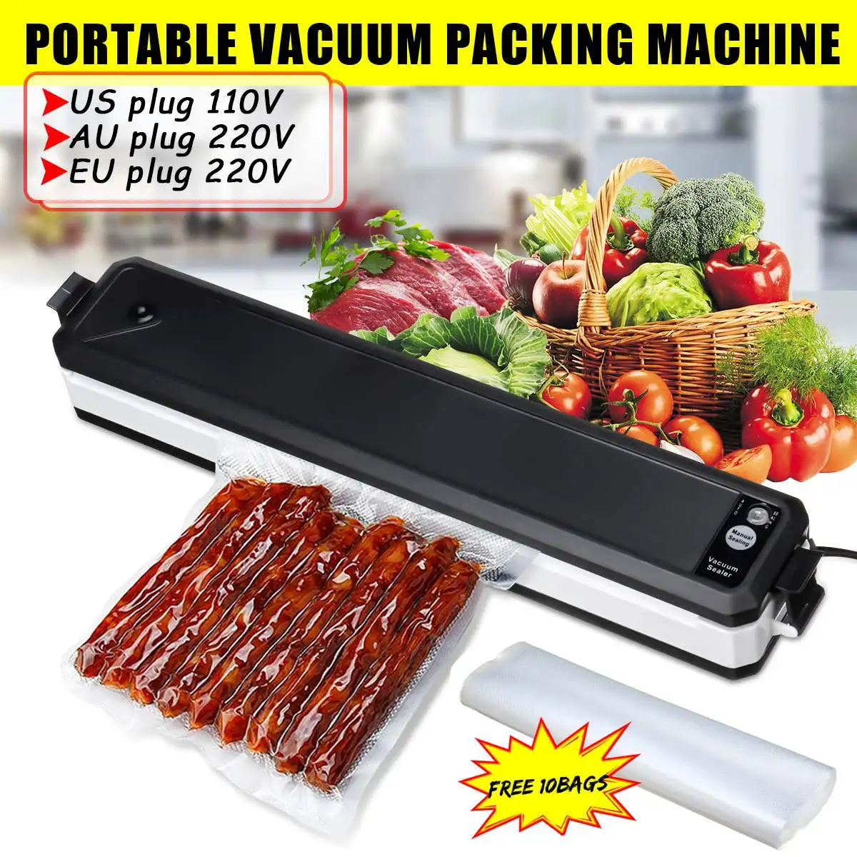 

110V/220V Household Food Vacuum Packing Machine Vacuum Sealer Food Meal Fresh Packing Machine + 10pcs Bags for free