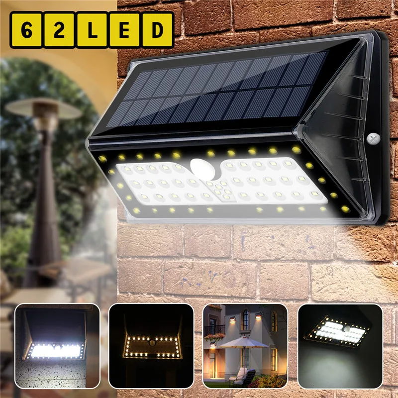 

Smuxi 62LED Solar Power PIR Motion Sensor Wall Light Outdoor Garden Waterproof IP65 Sensor Lights White+Warm White
