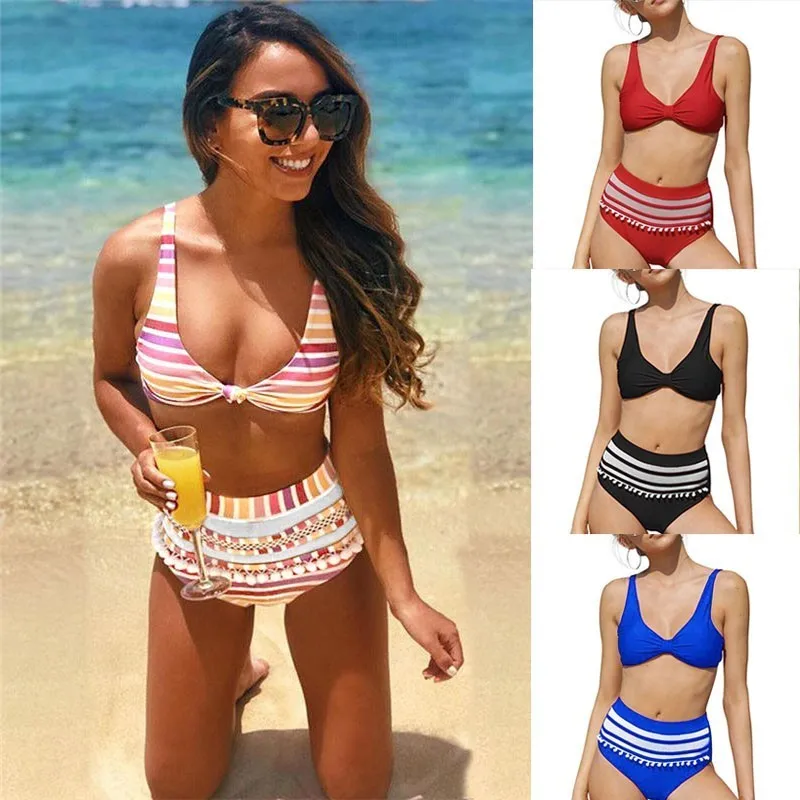 

Sexy Women Striped Swimsuit Print Button Bathing Suit Swimwear High Waist Bikini Set Female Summer Beach Wear Biquinis