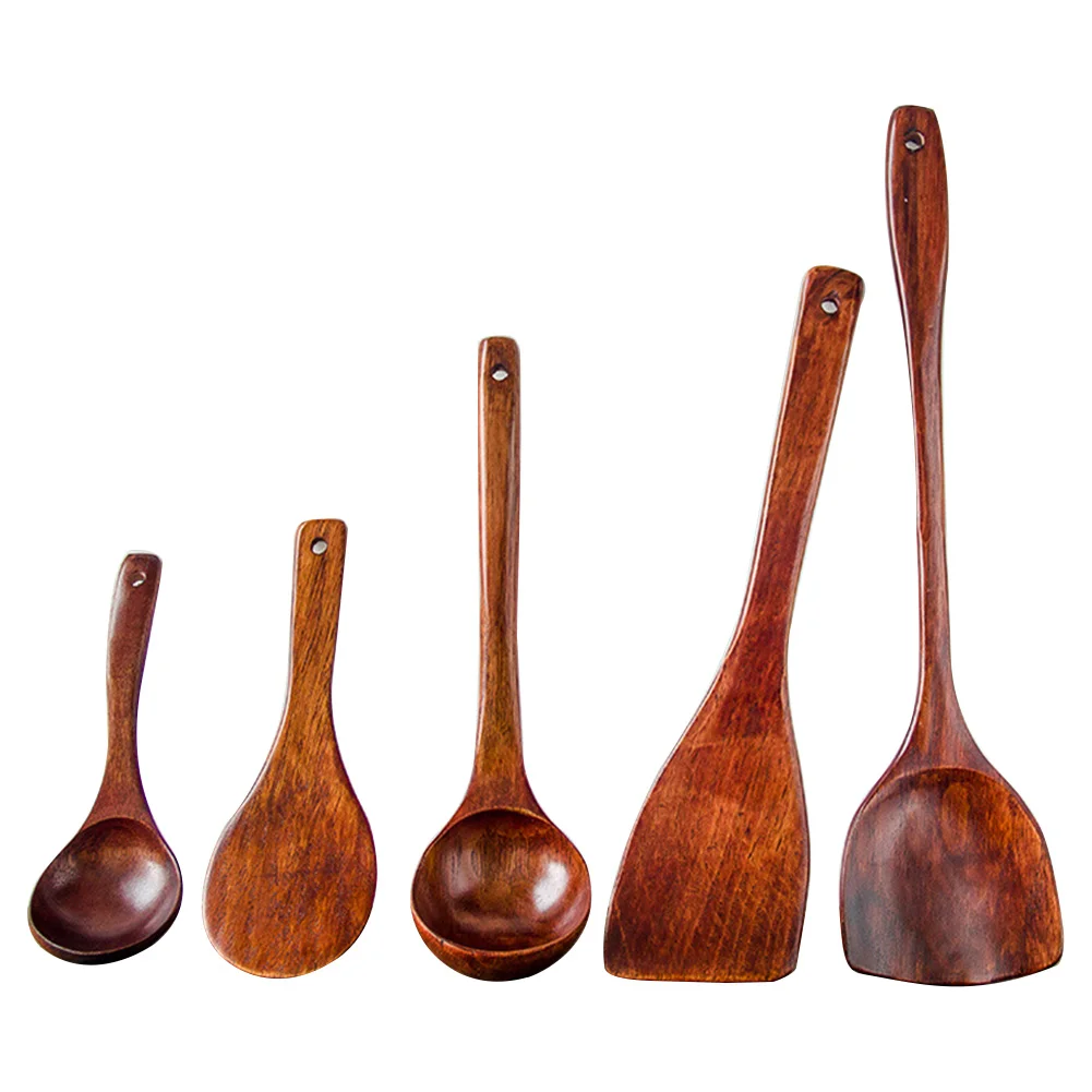 

5 Pcs Wooden Handle Portable Long Shovel Set Kitchen Utensils Rice Spoon Cooking Spatula Dinnerware Soup Turners Non-stick Home