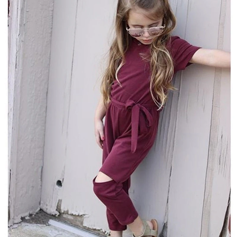 

Solid Short sleeve Buttons Up Jumpsuit Overalls For Girls