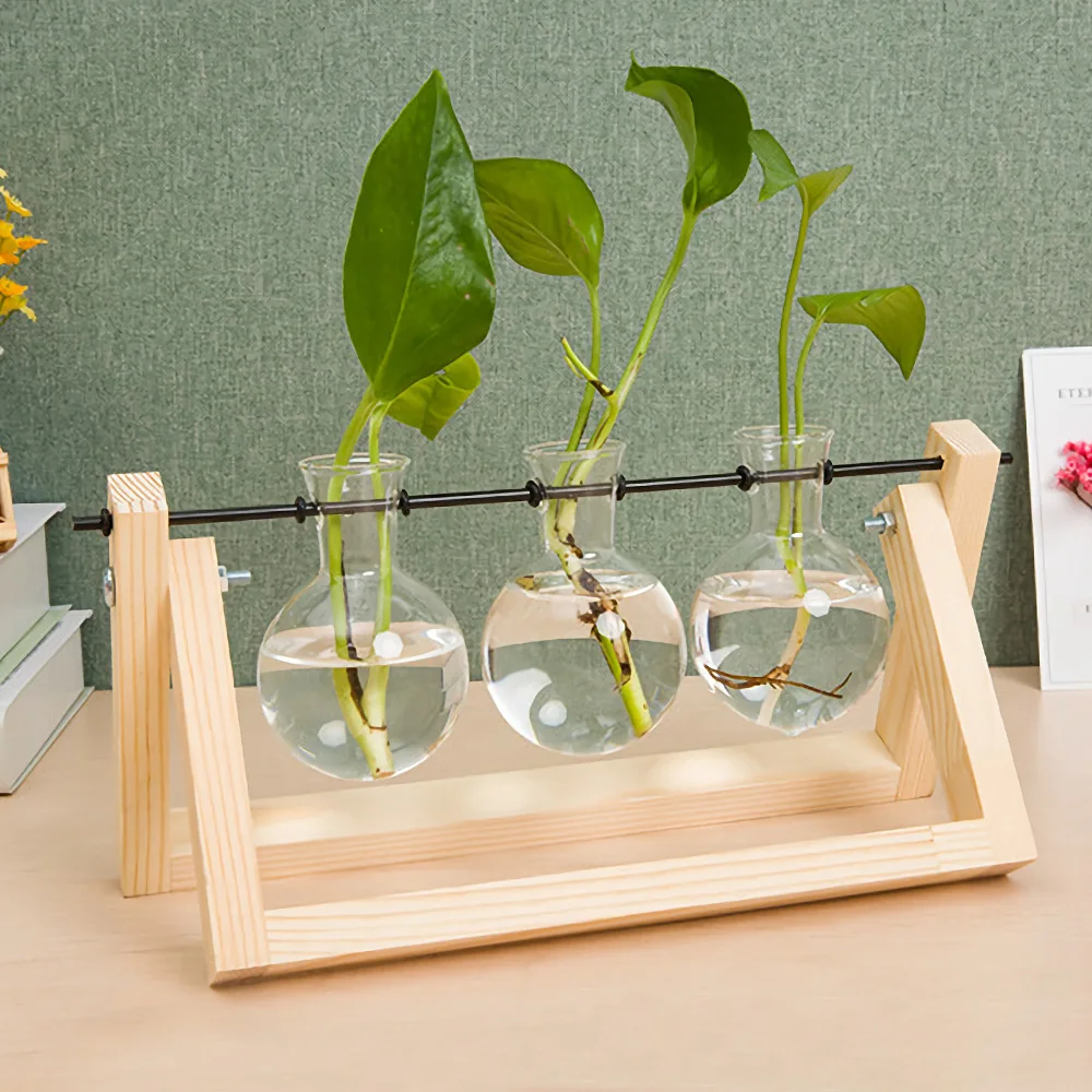 

Creative Glass Hydroponics Plant Terrarium Wooden Stand Terrarium Container Planter Flower Pot Tabletop Vase DIY Home Office