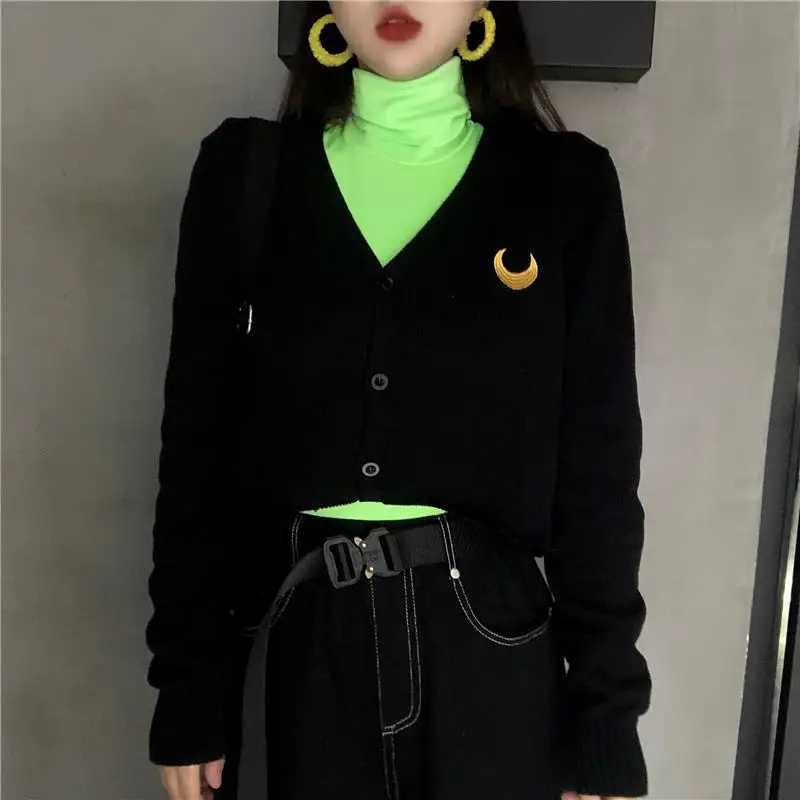 

2019 New Fashion Spring Women Sweater Black Moon Embroidered Knit Cardigan Long Sleeve Short Casual Women Sweater