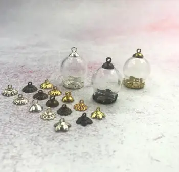 

50pcs/lot 20x15mm Glass globe with crown base cap findings glass vial pendant glass wishing bottle dome cover necklace pendant