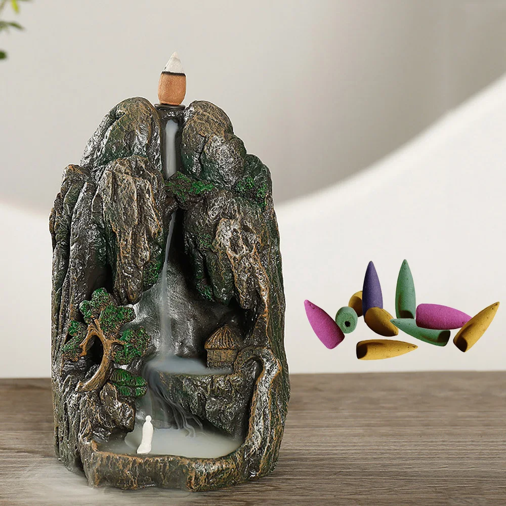 

11.9*9*19cm Resin Fake Mountain Smoke Waterfall Backflow Incense Burner Censer Home Decor