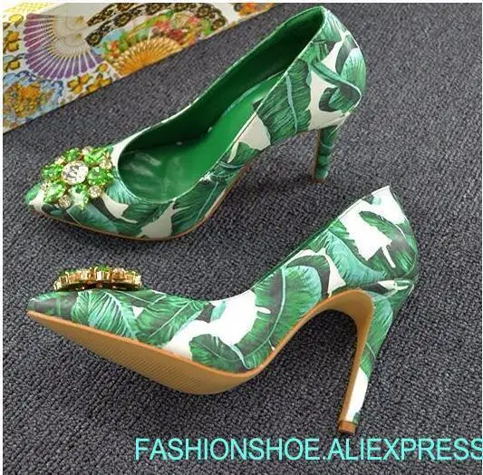 

banana leaves high heel shoes pointed toe slip-on dress heels green banana leafs designs stiletto heels crystal wedding shoe