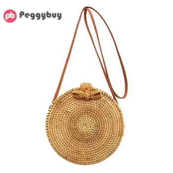 

Women Vintage Handmade Crossbody Straw Round Beach Travel play Small Handbag Girls Circle Rattan bag Small Bohemian Shoulder bag