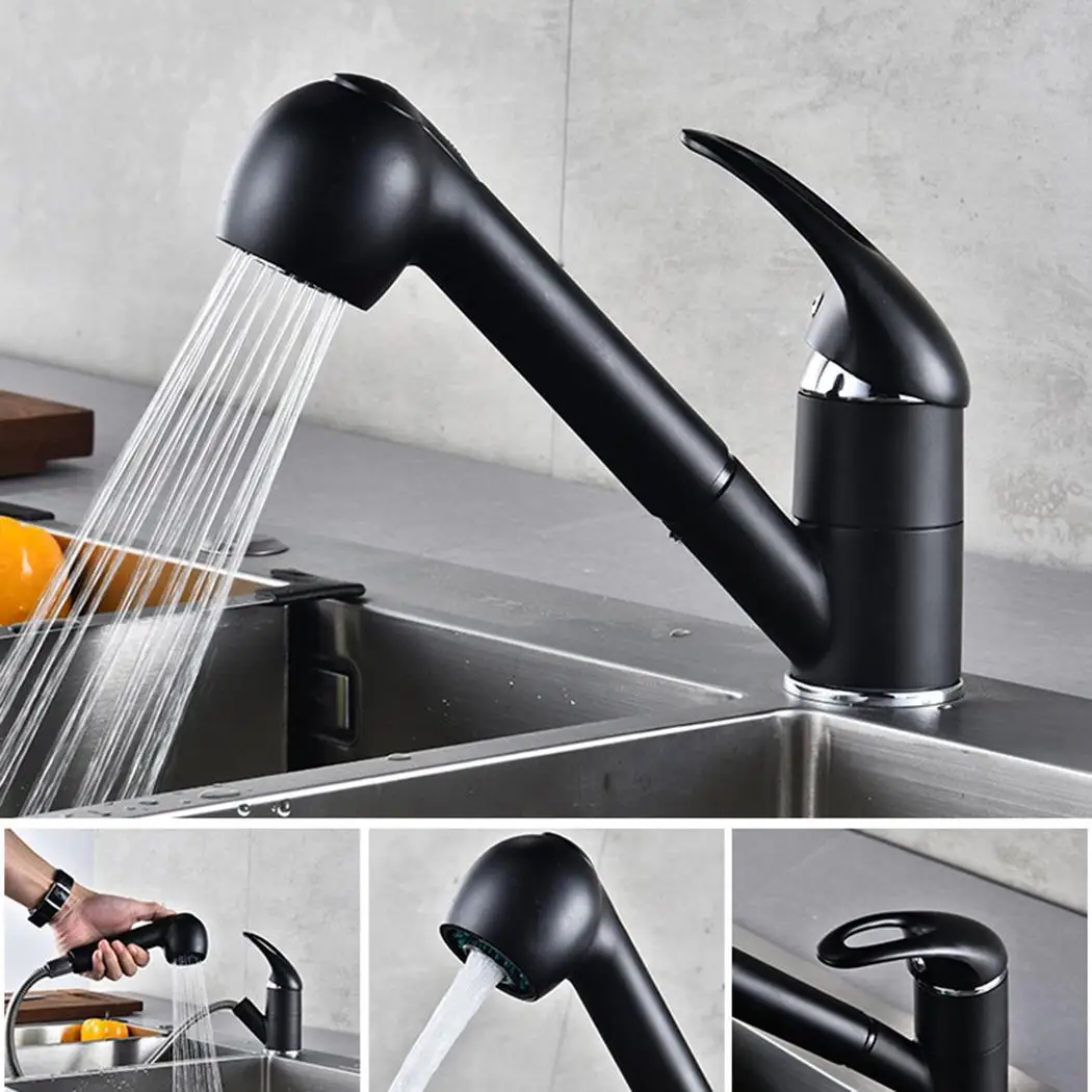 

Pull Out Kitchen Mixer Spout Tap Bathroom Wash Basin Black Deck Mounted Faucet