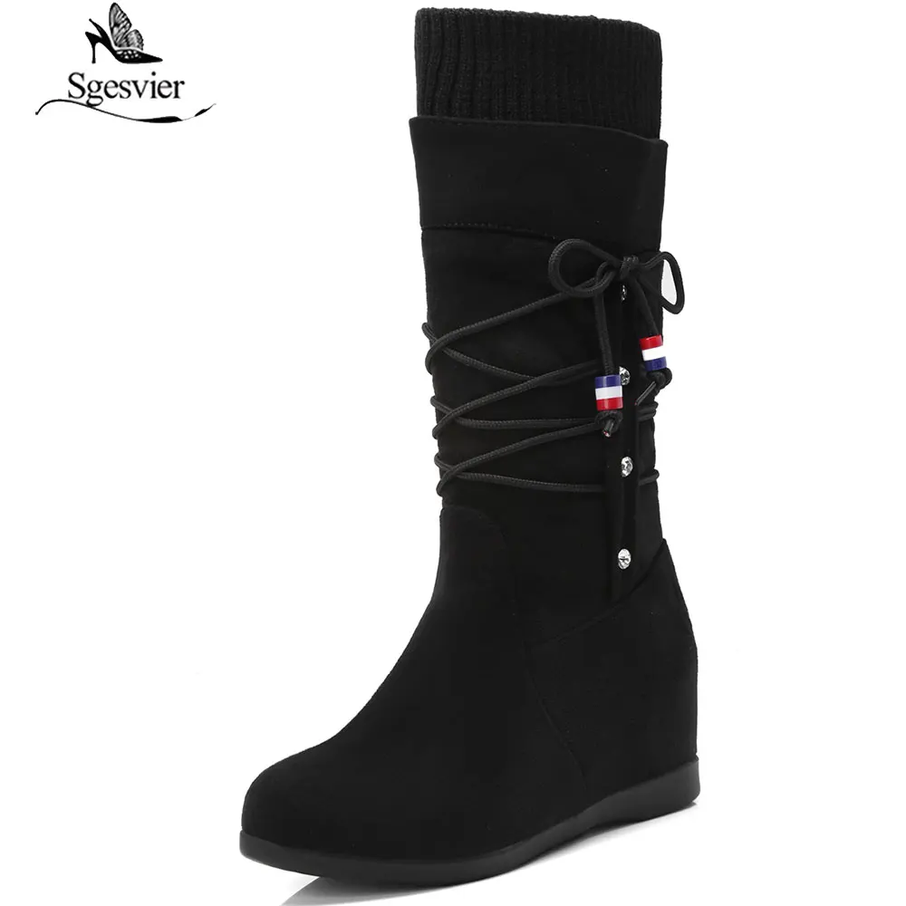 

Sgesvier 2018 Women Winter Half Boots Shoes Women Fashion Mid Heels Mid Calf Platform Boots Bowtie Shoes Plus Size 34-43 B822