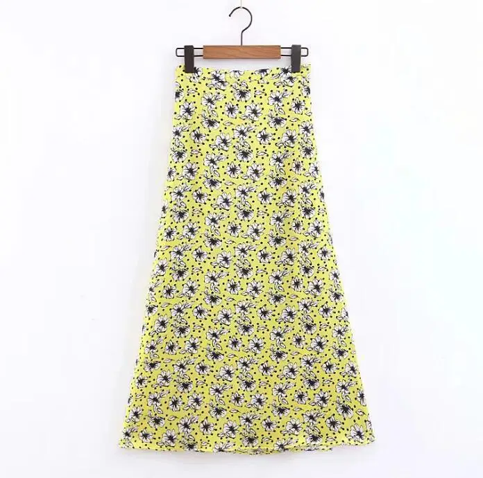 

2019 Summer Sweet Floral Printing Yellow Long Skirts Womens Chic High Waist Satin Skirt Fashion Streetwear