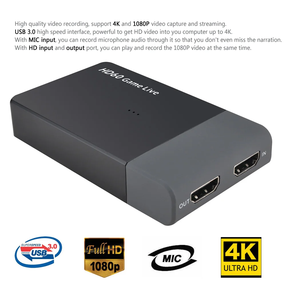 

Ezcap 261M USB 3.0 HD Video Capture 4K 1080P Game Live Streaming Video Converter for XBOX One PS4 Support 4K Video Input MIC IN
