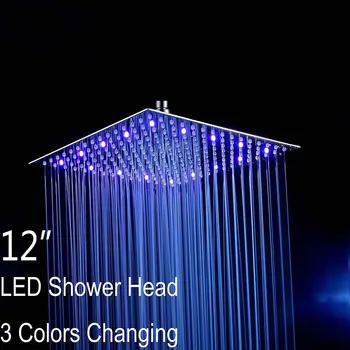 

Ceiling Wall Mounted 12" Chrome LED Rainfall Shower Head Square, Ultra-thin Luxury Bathroom Showerhead Top Sprayer