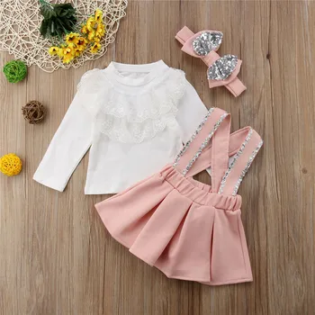 

Toddler Kids Girls clothes Lace long sleeve round neck Ruffle Tops Strap Geometry Skirts Sequin bow Headband 3Pcs Baby Outfits