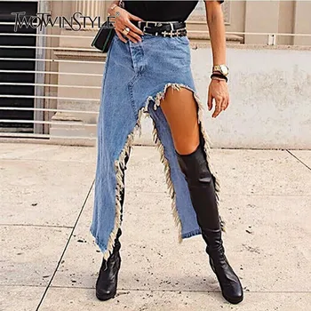 

TWOTWINSTYLE Denim Skirts For Women High Waist Split Tassel Asymmetrical Skirt Female Large Size 2020 Spring Fashion Tide